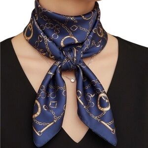 Vintage Paris Chain Print Navy Gold Satin Scarf Rolled Hem 80s 90s Square